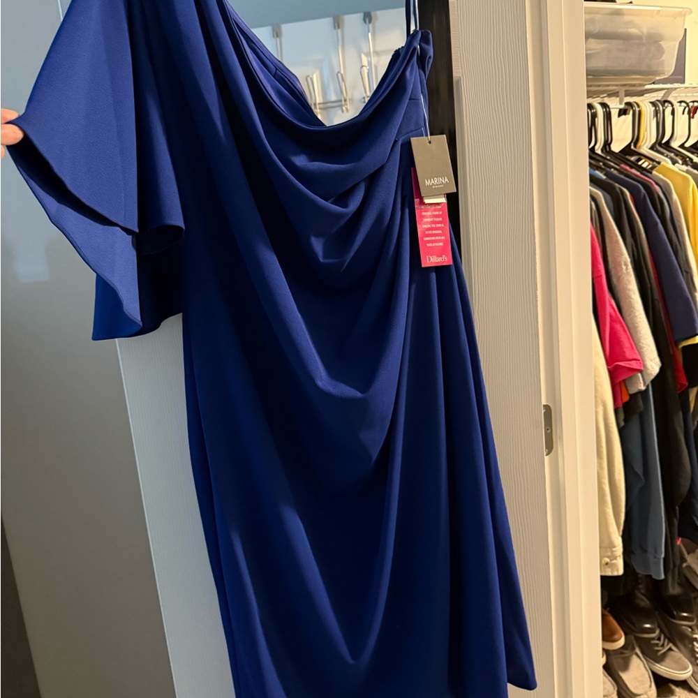 MARINA Blue Asymmetrical One Shoulder Cocktail Dress